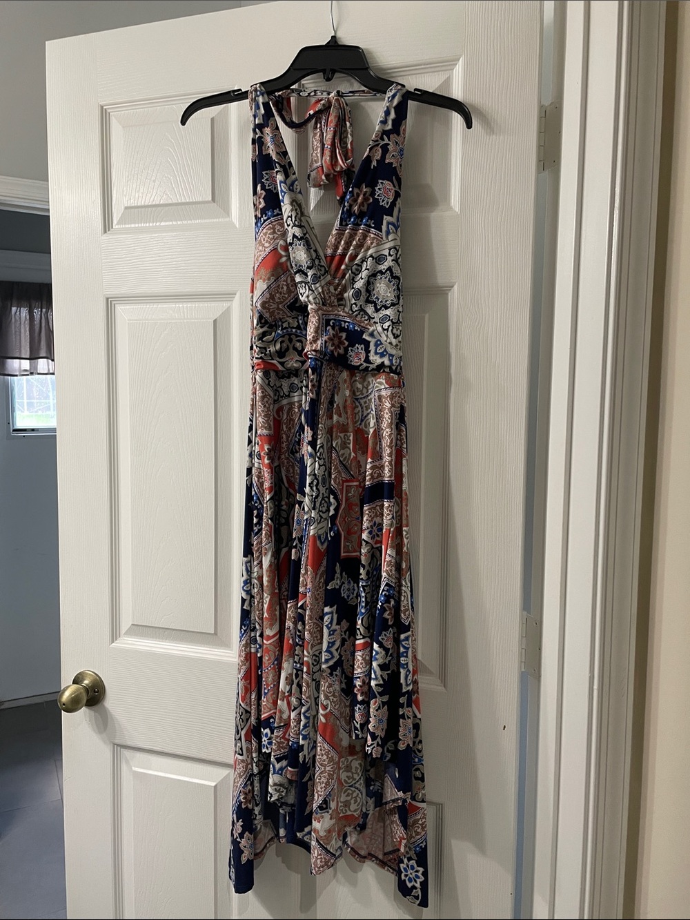 Bohemian Navy and Rust Print Halter Maxi Dress pointed bottom size Medium